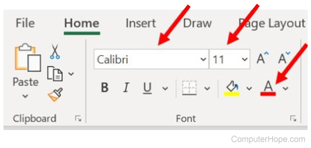 Microsoft Excel Home tab, Font section - Change font type, size, color