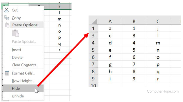 Hide row in Microsoft Excel.