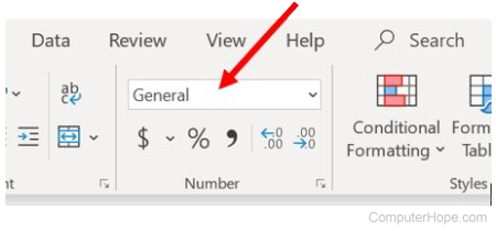 Microsoft Excel Home tab, Numbers section - Change data type