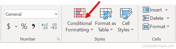 Microsoft Excel Home tab, Styles section - Set conditional formatting