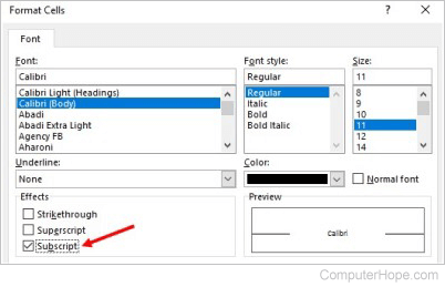 Subscript option in Microsoft Excel