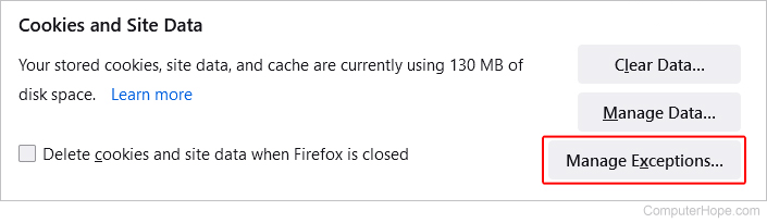Manage Exceptions button in Firefox.