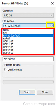 Format USB drive to selected file system