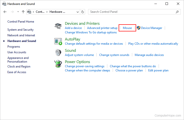 Mouse selector in the Hardware and Sound section of Windows.