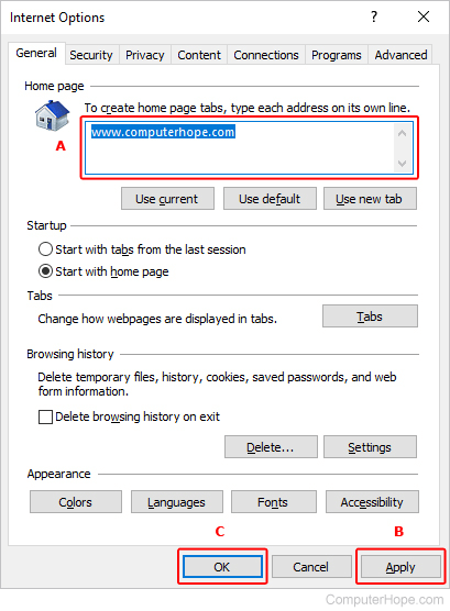 Setting homepage in Internet Explorer.