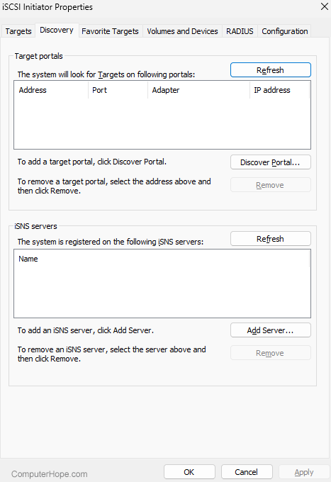 iSCSI Initiator program window in Microsoft Windows 11.