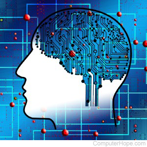 Illustration: Computer circuits overlaid on a silhouette of a human head.