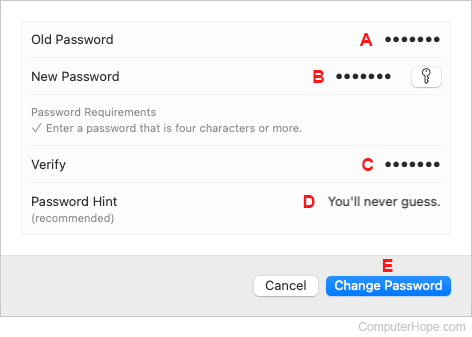 Password change window in macOS Sonoma and Ventura.