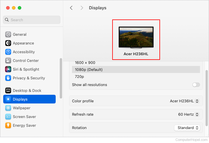 Choosing a primary display in macOS.