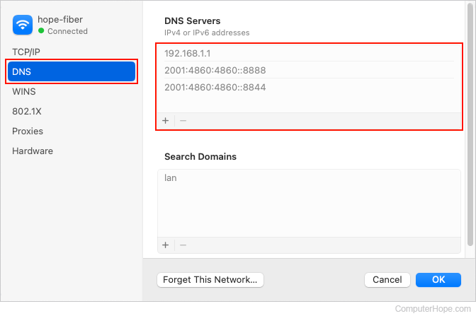 Viewing list of DNS servers in macOS.