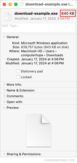 Showing the size of a file in macOS.