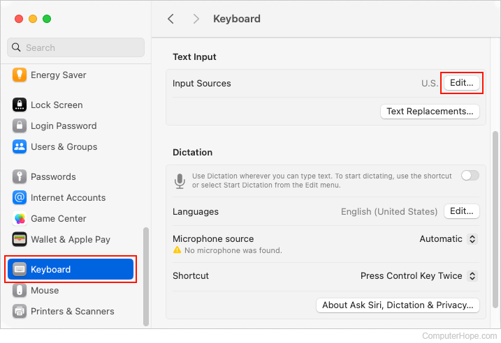 Editing the list of keyboards in macOS.