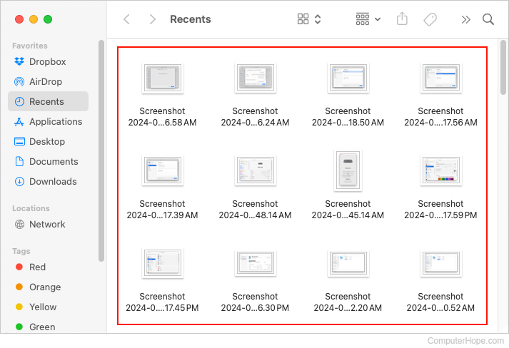 Contents of the Recents folder in macOS.