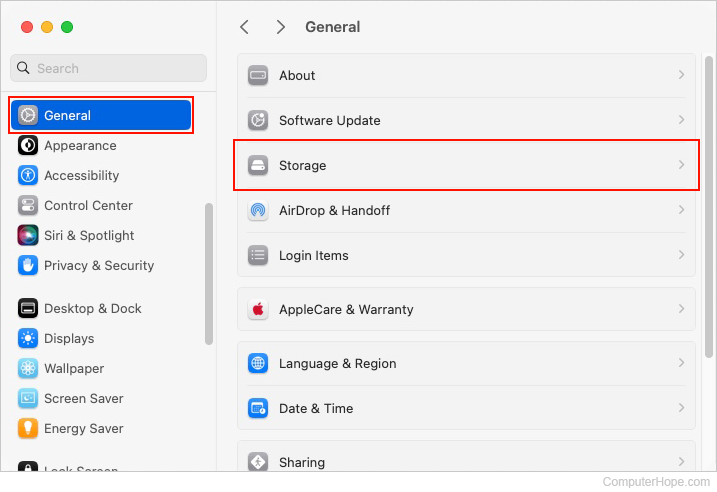 Storage selector in macOS.