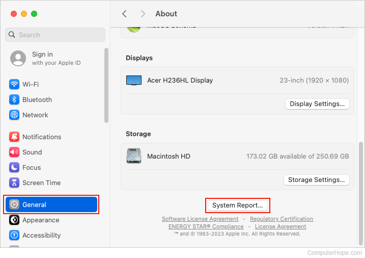 System Report button in macOS.