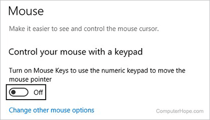 In the Settings window, the button is toggled off. The black box around the button means that you can toggle it On if you press Space.