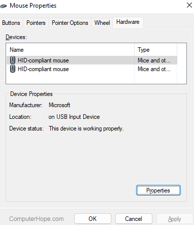 Mouse Properties hardware tab to show detected mice in Windows.