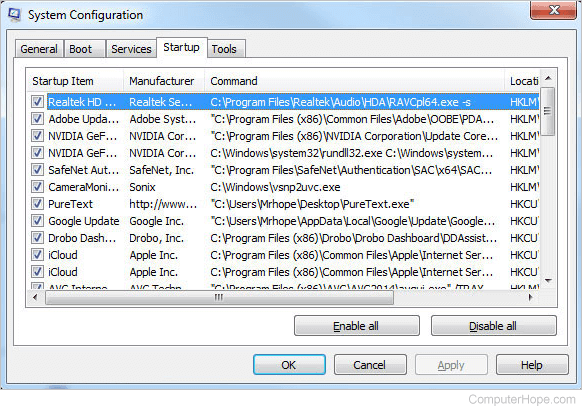 Windows system configuration (msconfig) startup