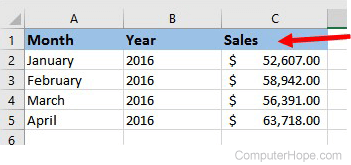 Named column header row in Microsoft Excel