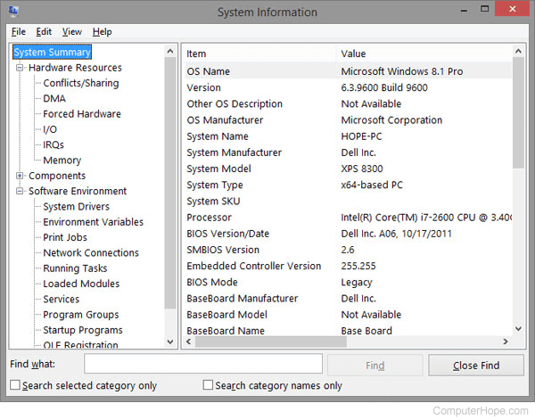 Windows System Information - msinfo32 window