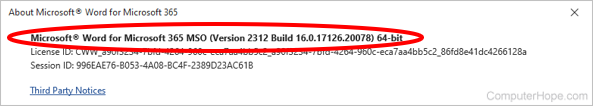 Version number in Microsoft Word 365 program.