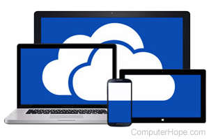 OneDrive logo across several computing devices.