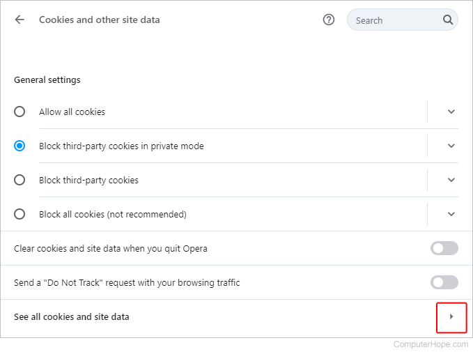 Opera see all cookies and site data selector.