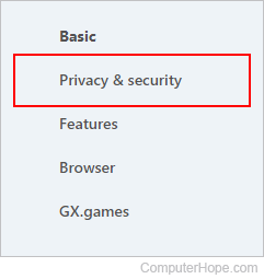 Opera privacy selector