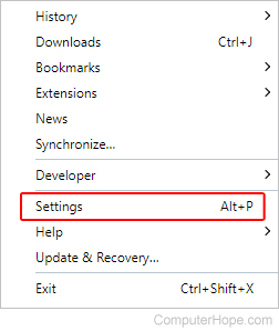 Settings selector in Opera.