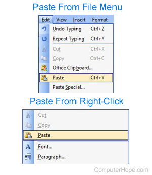 Paste from right-click and file menu.