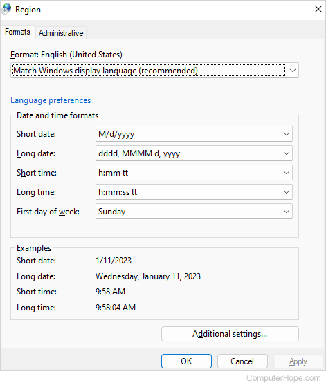 Region settings in Microsoft Windows 11.