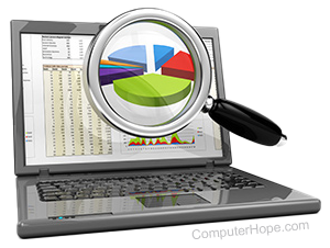 Magnifying glass enlarging a pie chart on a laptop screen.