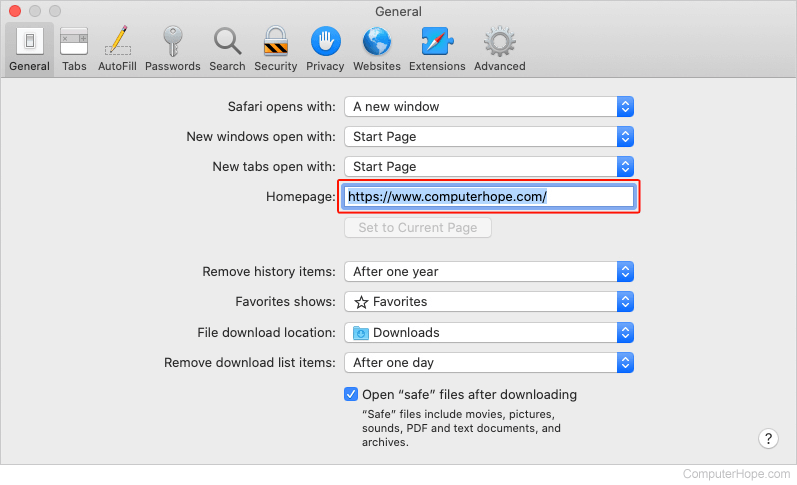 Setting the homepage in Safari.