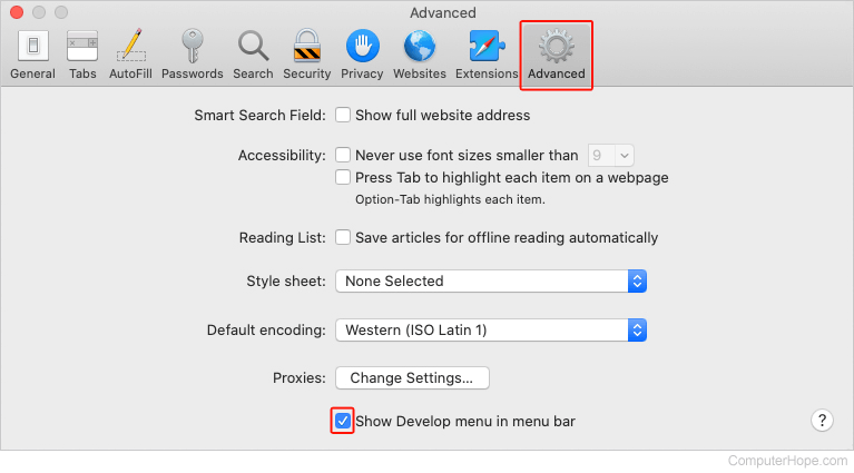 Show Develop menu in Safari.