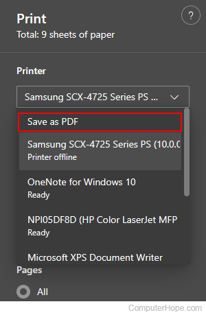 Saving a website as a PDF file.