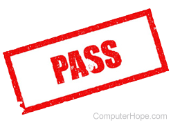 Pass in red lettering surrounded by a red rectangle.