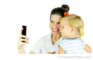 Woman and child taking a selfie.