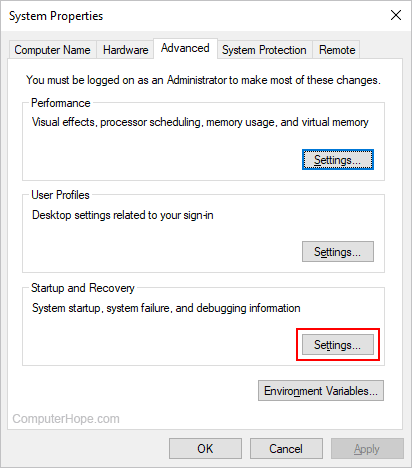 Settings button for Startup and Recovery in Windows.