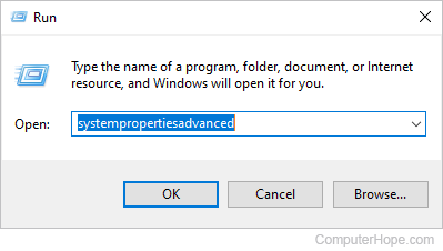 Opening the advanced System Properties tab in Windows.