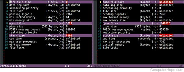 Using vimdiff to compare hard and soft ulimits.