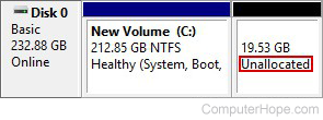 Unallocated disk space in the Windows Disk Management tool.