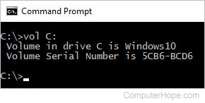 Output of the vol command executed in the Windows 10 command prompt