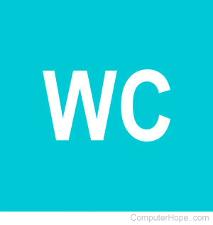 WC in white lettering on aqua background.