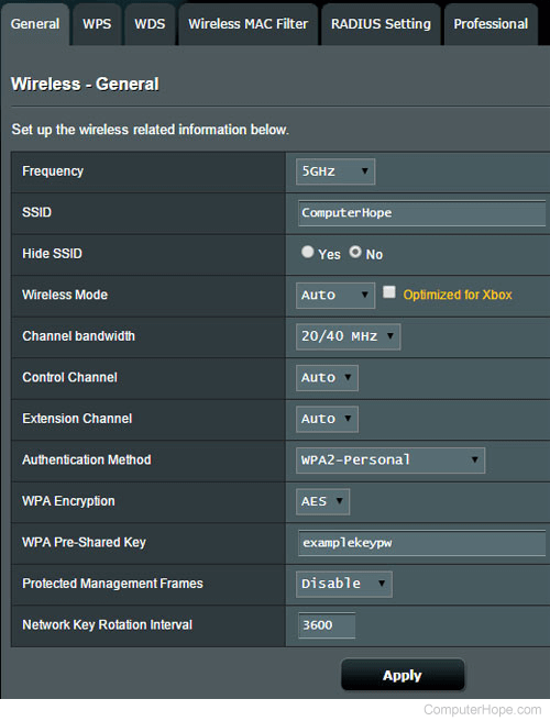 Wireless WEP key setup screen