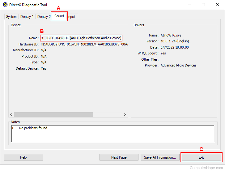 DirectX Diagnostic Tool in Windows