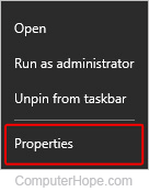 Properties selector in Windows 10.