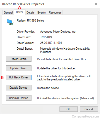 Button for rolling back drivers on a hardware properties window in Windows.