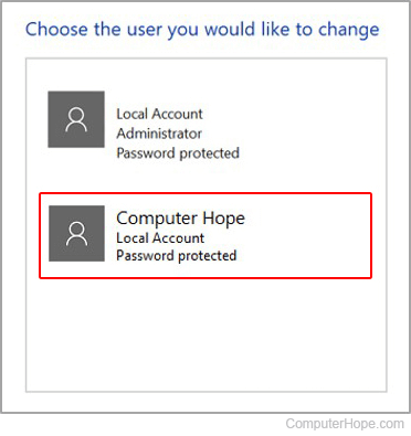Where to select a user account in Windows 10.