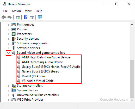 Sound devices on a Windows computer displayed in Device Manager.