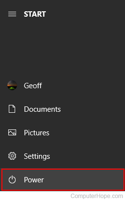 Power button in Windows 10.